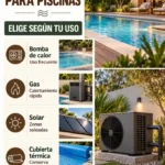 Guía visual de bombas de calor, calentadores a gas, sistemas solares y cubiertas térmicas para piscinas