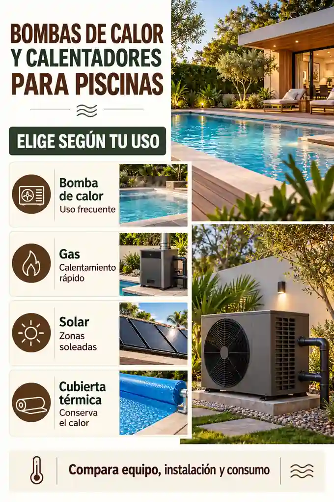 Guía visual de bombas de calor, calentadores a gas, sistemas solares y cubiertas térmicas para piscinas