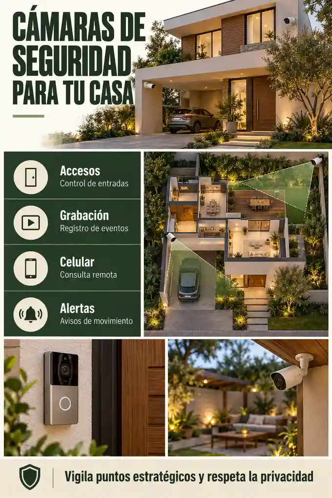 Guía visual de cámaras para viviendas con acceso principal, cochera, patio y control desde el celular