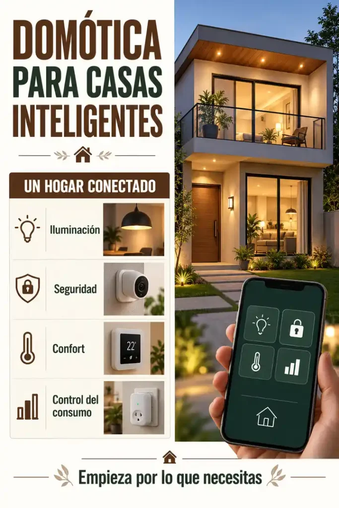 Guía visual de domótica para casas inteligentes: iluminación, seguridad, confort y control del consumo