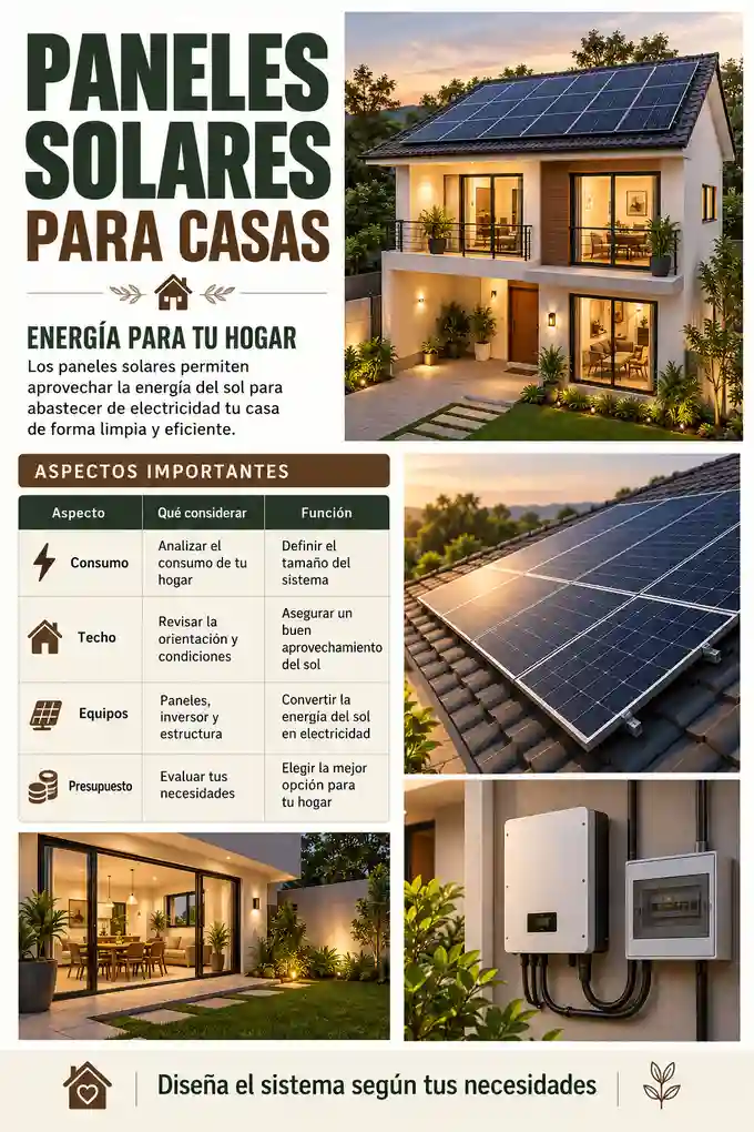 Guía visual de paneles solares para casas con criterios de consumo, techo, equipos y presupuesto