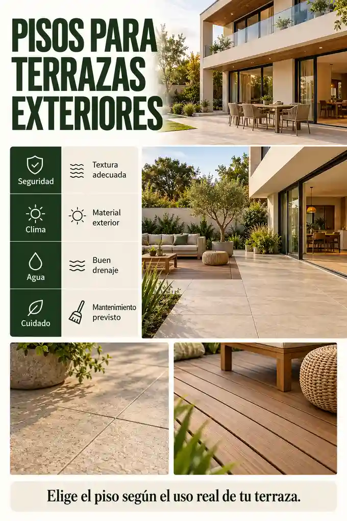 Guía visual de pisos para terrazas con porcelanato, piedra, deck y criterios de seguridad y drenaje