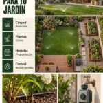 Guía visual de riego automático con césped, jardineras, macetas y programación por zonas