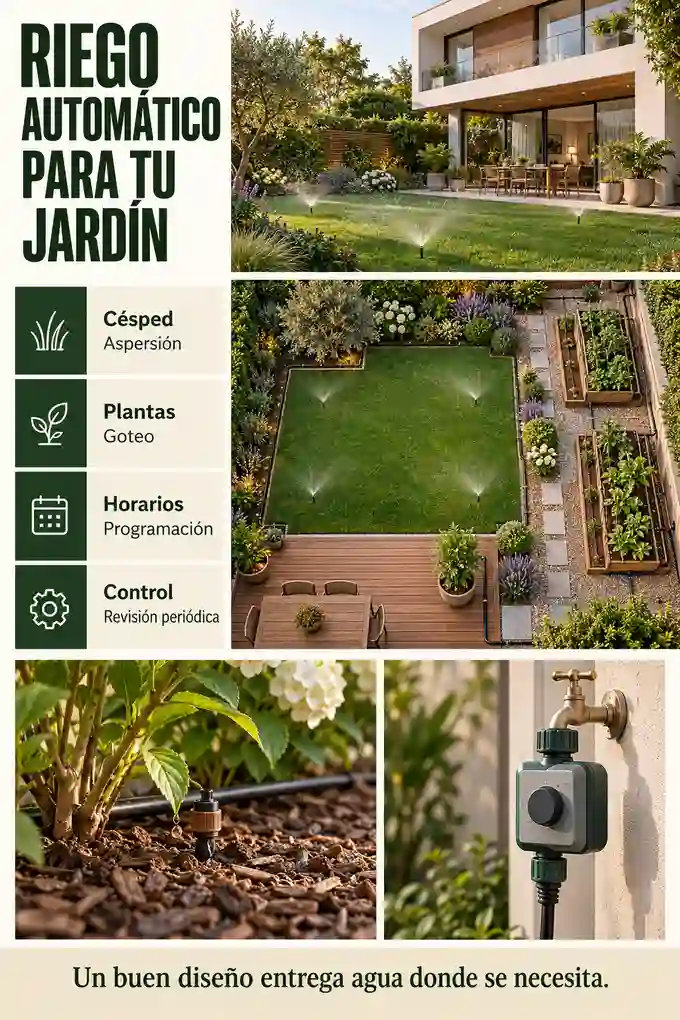 Guía visual de riego automático con césped, jardineras, macetas y programación por zonas