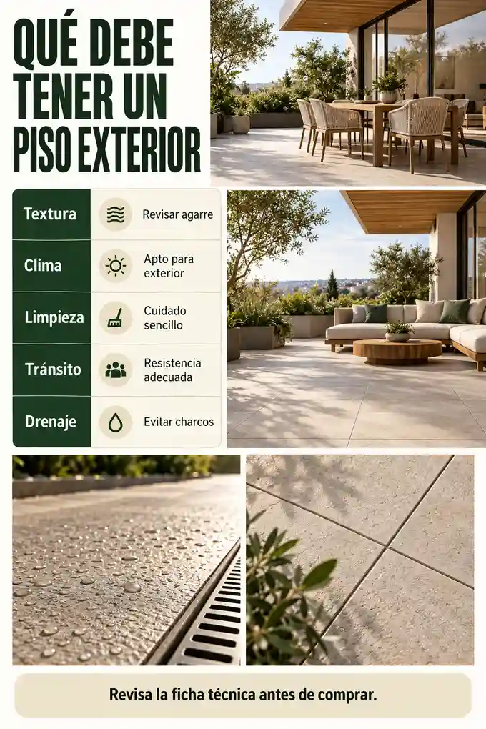 Características del piso exterior: textura, resistencia al clima, limpieza, tránsito y drenaje