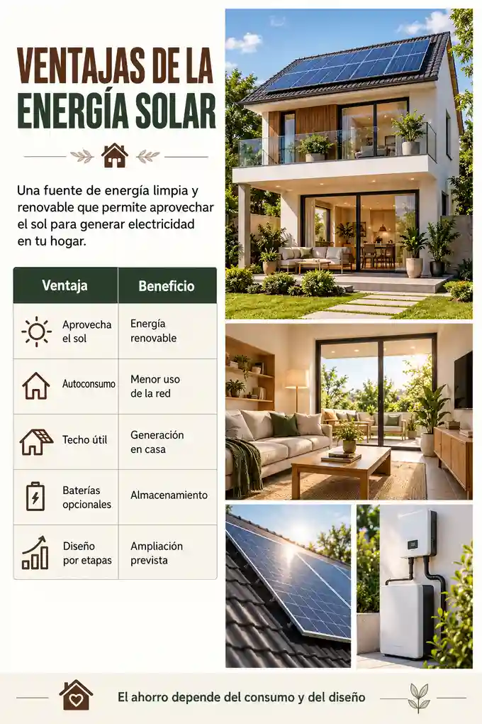 Ventajas de los paneles solares: autoconsumo, energía renovable, uso del techo y almacenamiento opcional