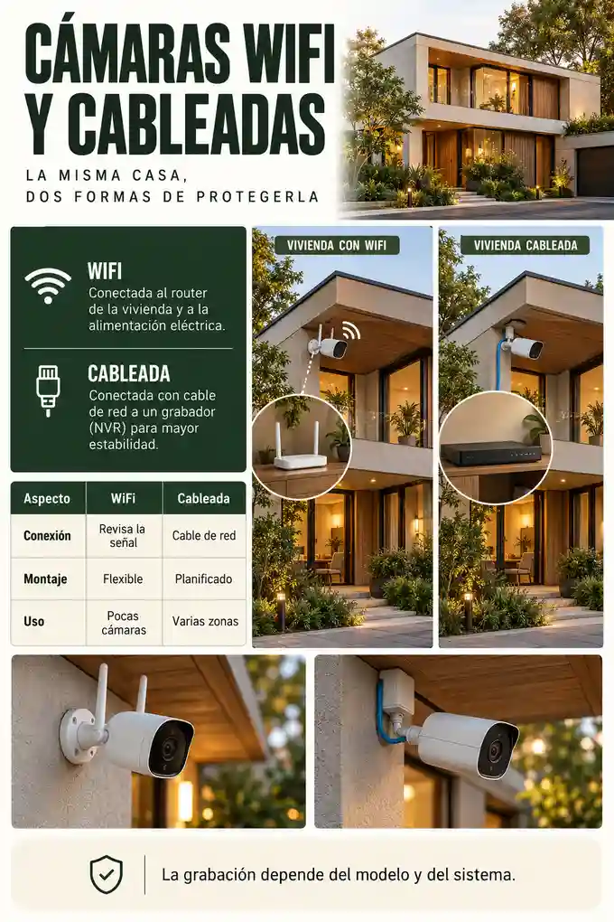 Comparación de cámaras WiFi y sistemas cableados con grabador, conexión y planificación