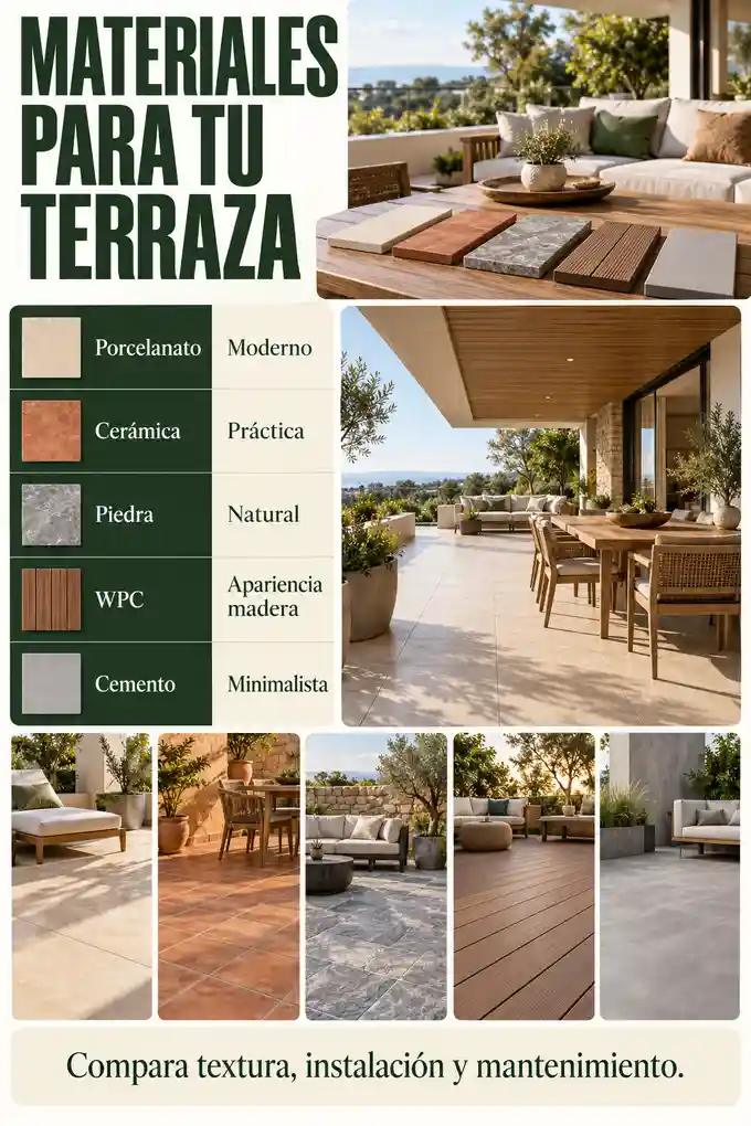 Comparativa visual de porcelanato exterior, cerámica, piedra, deck WPC y cemento texturizado