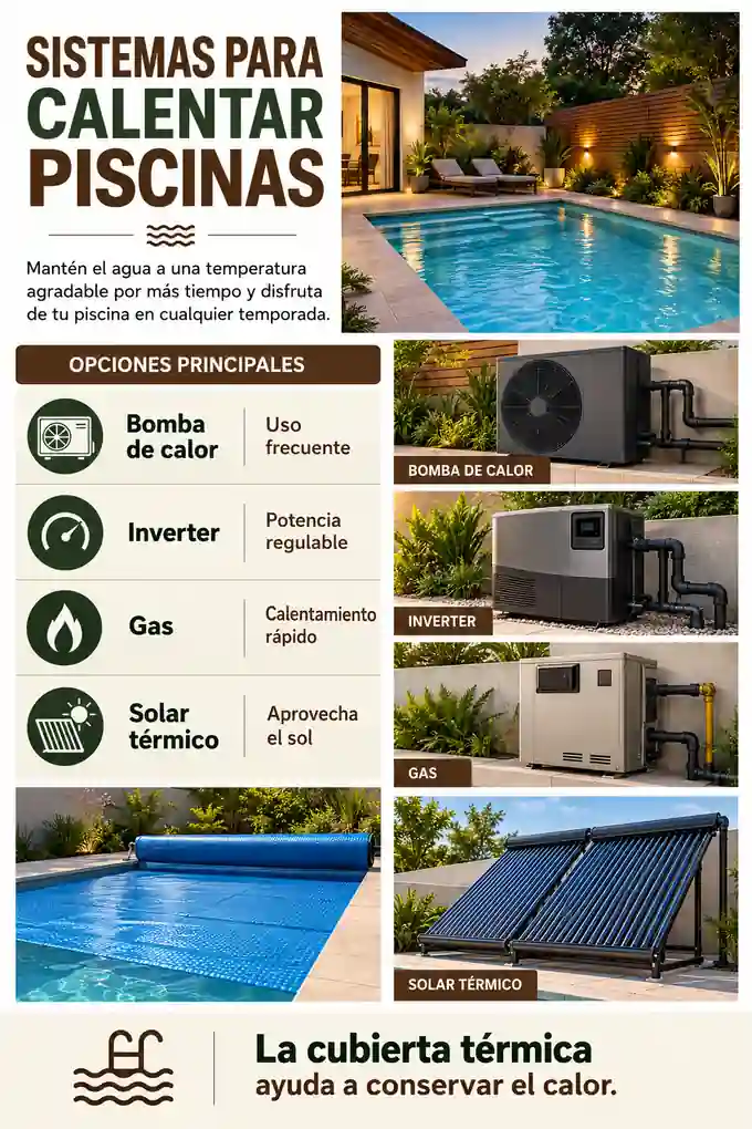 Tipos de sistemas para calentar piscinas: bomba de calor, inverter, gas y solar térmico