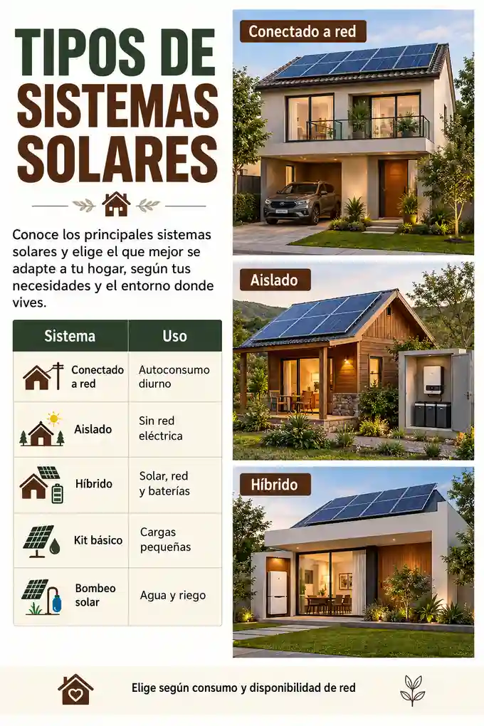 Comparación de sistemas solares conectados a red, aislados, híbridos, básicos y para bombeo