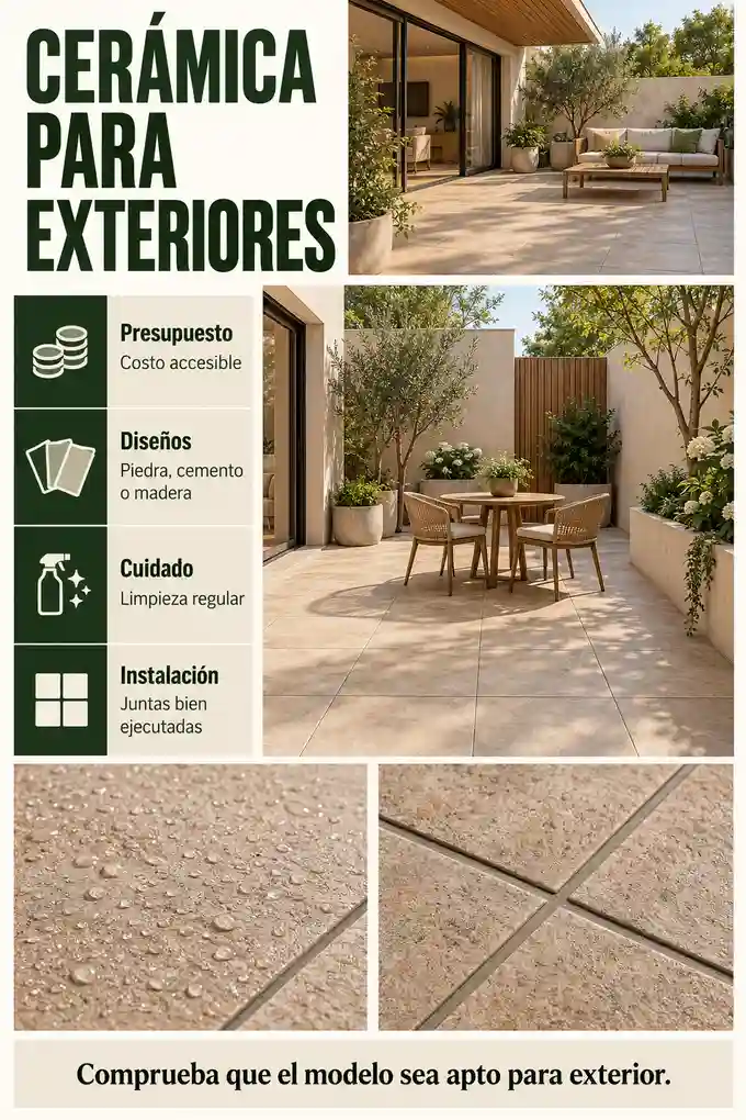 Cerámica exterior texturizada en un patio familiar y criterios de compra e instalación