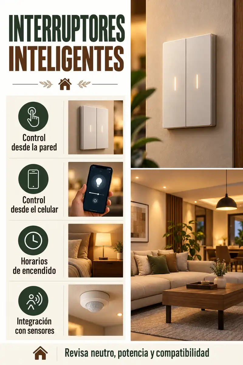 Interruptores inteligentes con control desde la pared y el celular, horarios y sensores