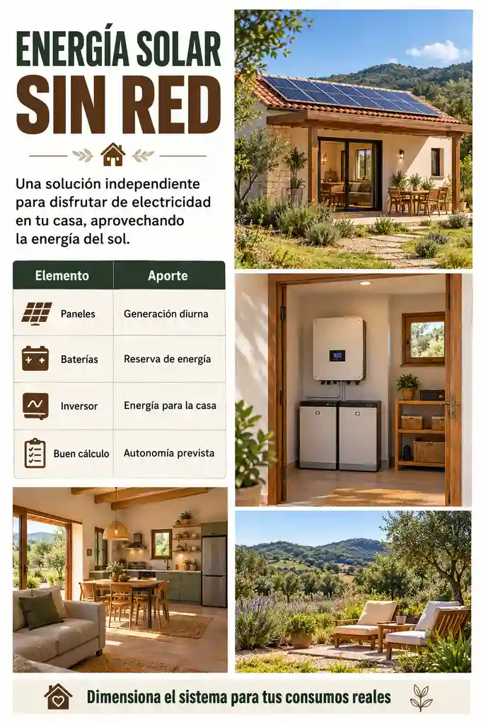 Sistema solar aislado para una casa de campo con paneles, inversor y reserva en baterías