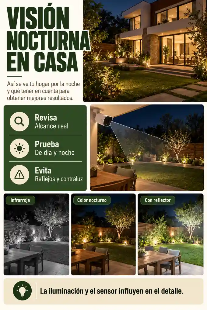 Comparación ilustrativa de visión infrarroja, nocturna a color y cámara con reflector