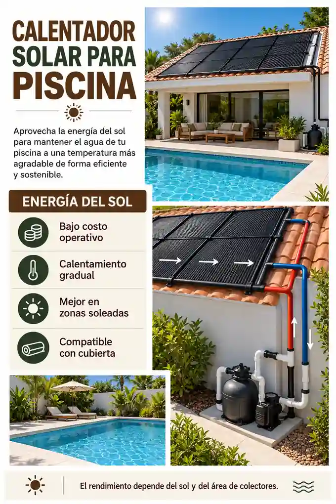 Calentador solar para piscina con colectores térmicos en el techo y sus principales ventajas