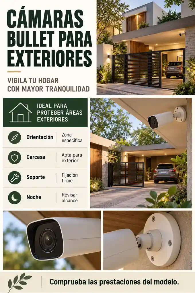 Cámara bullet en fachada con orientación hacia portón y detalles del soporte y protección exterior