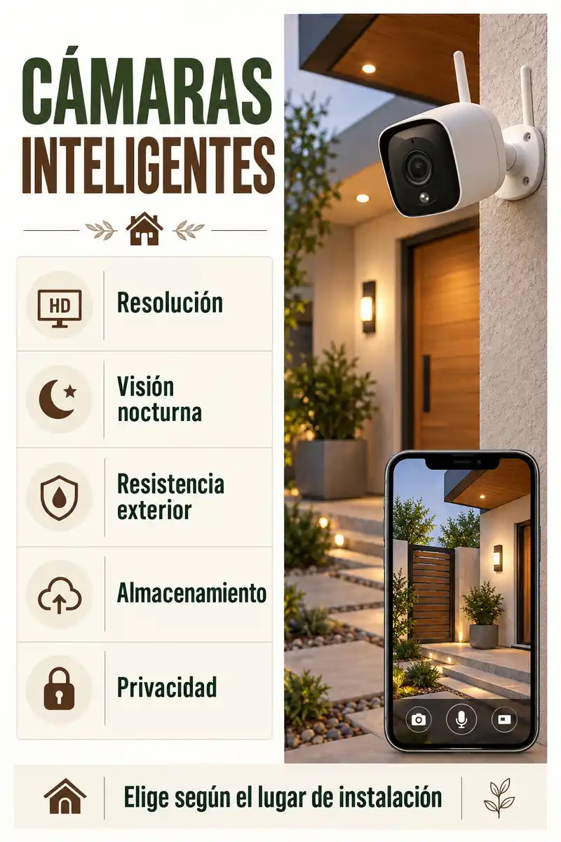 Características de cámaras inteligentes: resolución, visión nocturna, resistencia, almacenamiento y privacidad