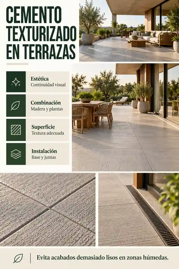Terraza minimalista de cemento texturizado con juntas, pendiente y mantenimiento