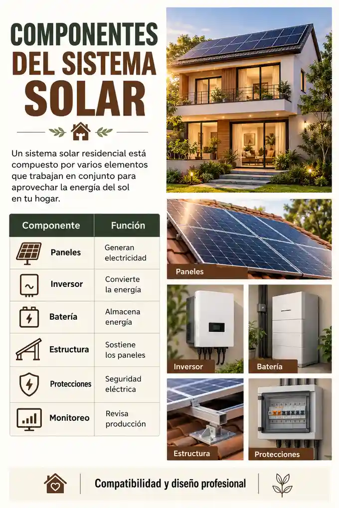 Componentes de un sistema solar residencial y funciones de paneles, inversor, batería, estructura y protecciones
