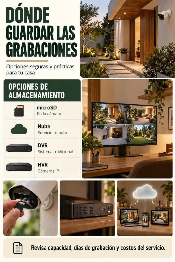 Opciones de almacenamiento de cámaras: microSD, nube, DVR, NVR y respaldo