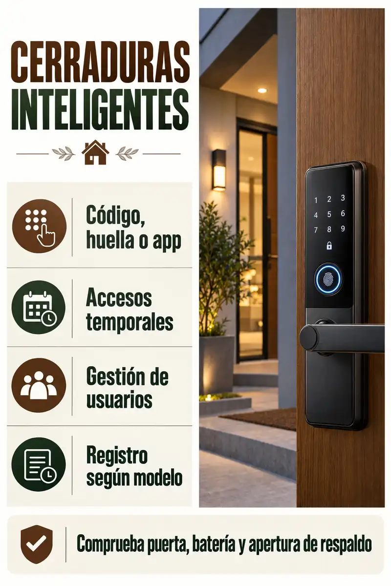 Cerraduras inteligentes con acceso por código, huella o aplicación y opciones de respaldo
