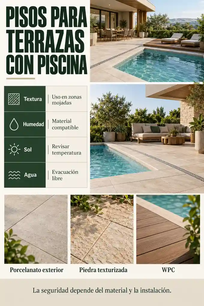 Opciones de pavimento para piscina y criterios de textura, humedad, temperatura y evacuación de agua