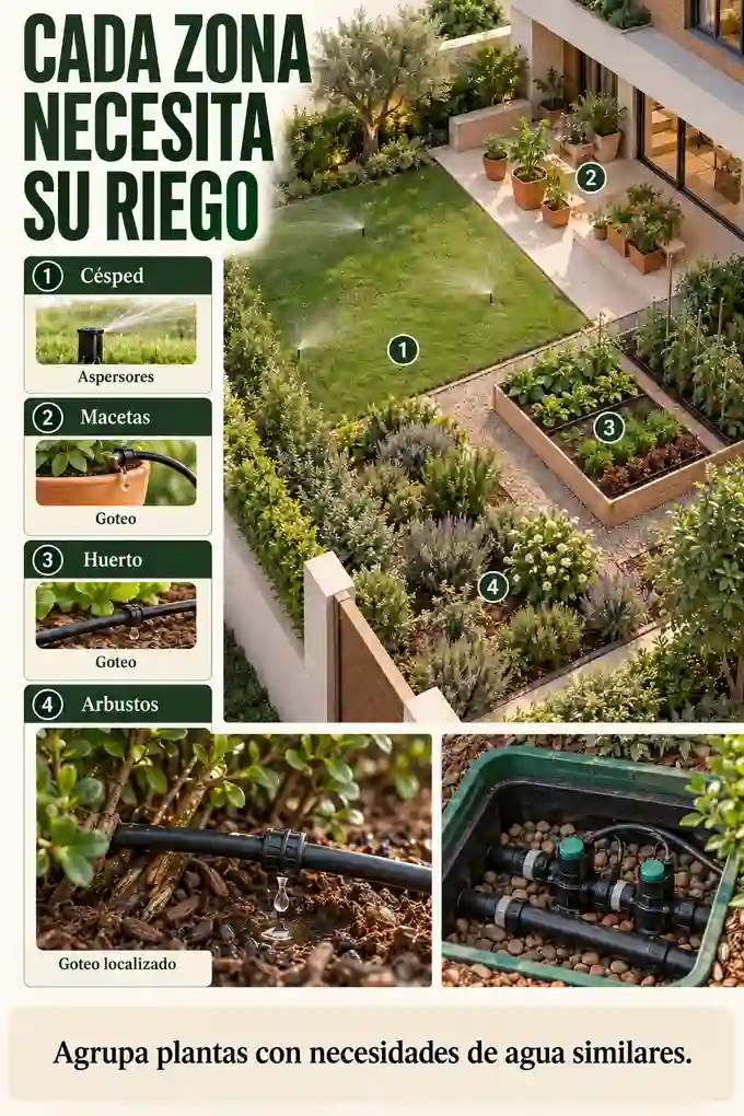 Zonificación de un jardín con aspersores para césped y goteo para macetas, huerto y arbustos