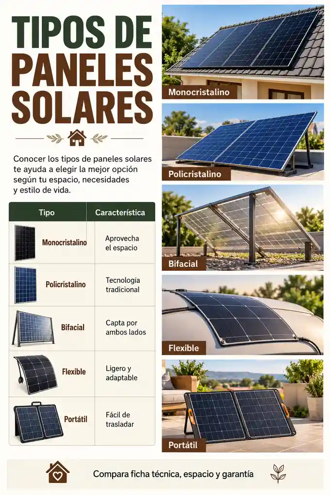 Tipos de paneles solares: monocristalinos, policristalinos, bifaciales, flexibles y portátiles