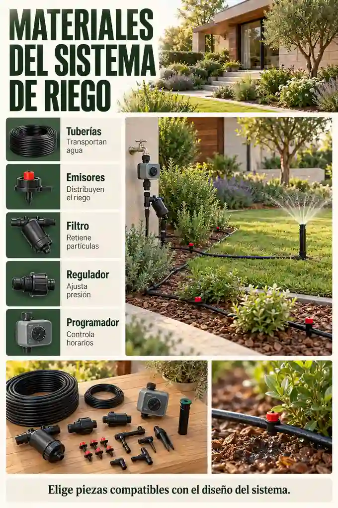 Componentes de riego: tubería, emisores, filtro, regulador, conectores, válvulas y programador