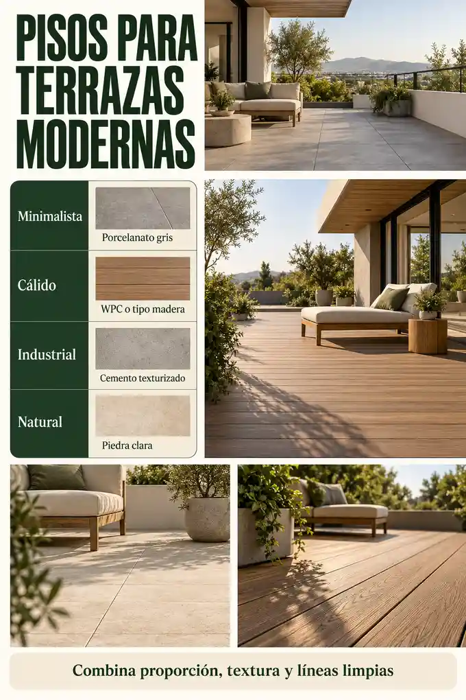 Estilos de terraza moderna con porcelanato, cemento texturizado, deck y piedra clara