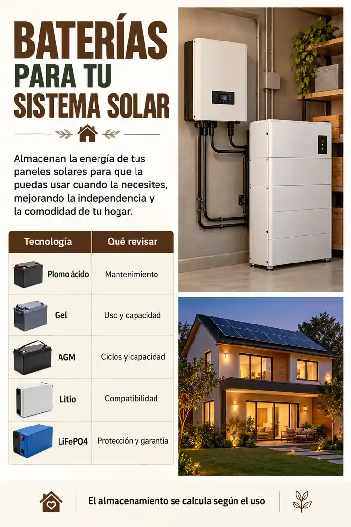 Tecnologías de baterías solares y criterios de mantenimiento, capacidad, compatibilidad y garantía