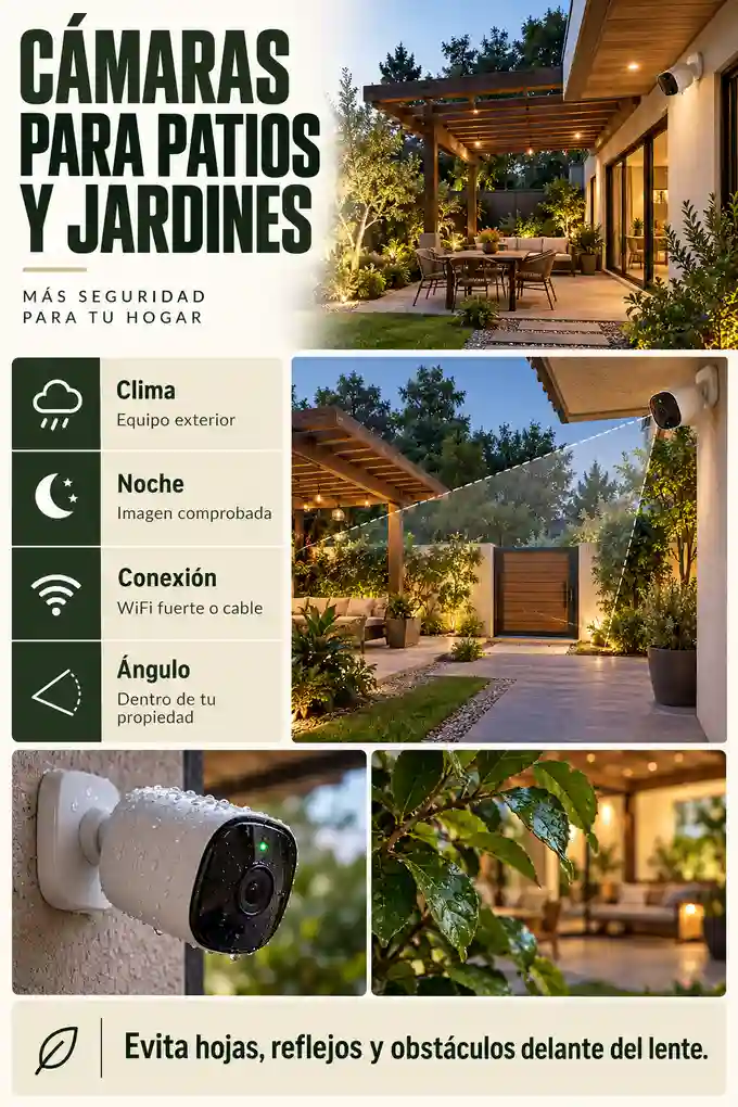 Cámara exterior en patio ajardinado con criterios de clima, visión nocturna, conexión y privacidad