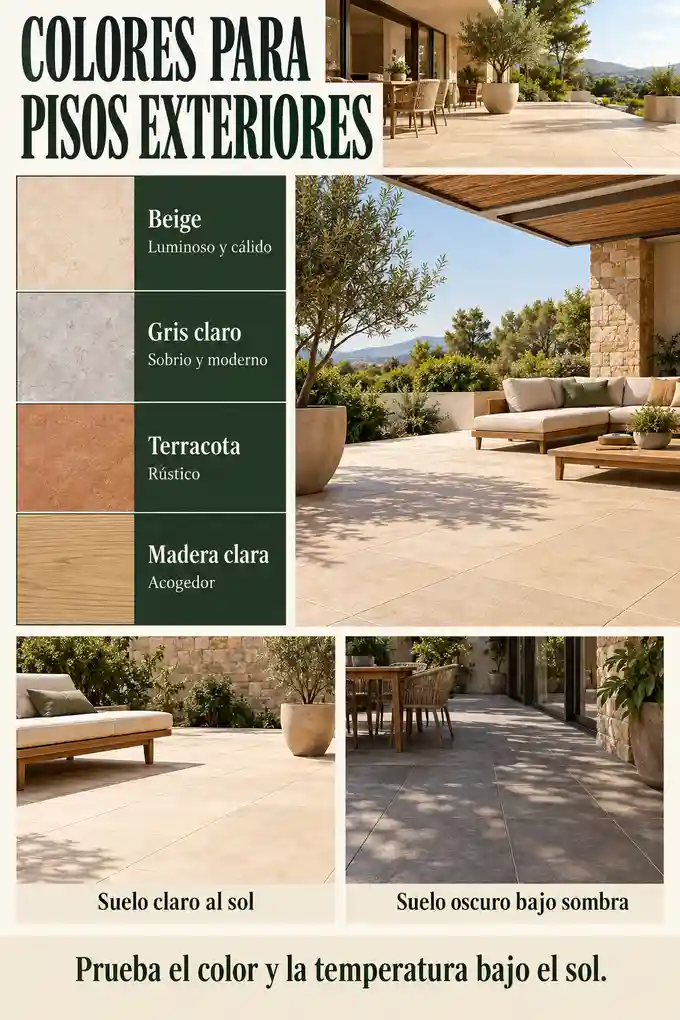 Paleta de pisos exteriores en beige, gris claro, terracota y madera con atención al sol