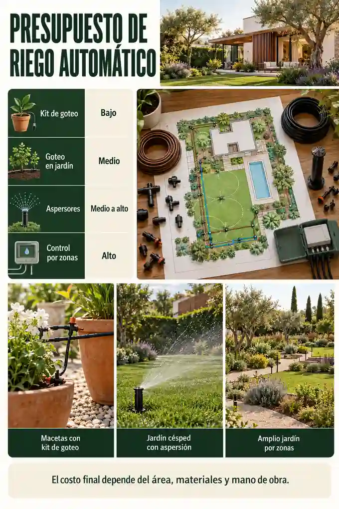 Costos relativos de sistemas de goteo, aspersores y riego por zonas para jardines