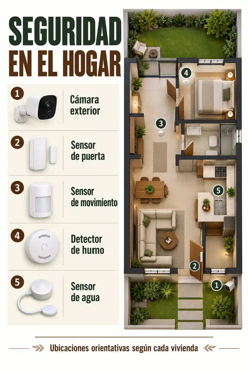 Plano orientativo de seguridad doméstica con cámara exterior y sensores de puerta, movimiento, humo y agua