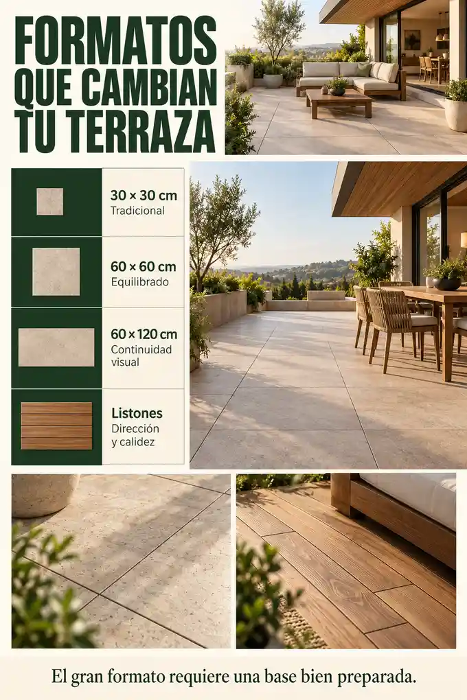 Formatos de piso exterior con piezas de 30 por 30, 60 por 60 y 60 por 120 centímetros y listones