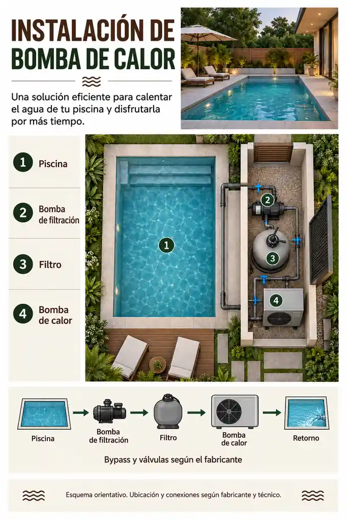 Plano orientativo de piscina con bomba de filtración, filtro y bomba de calor, y esquema del recorrido del agua