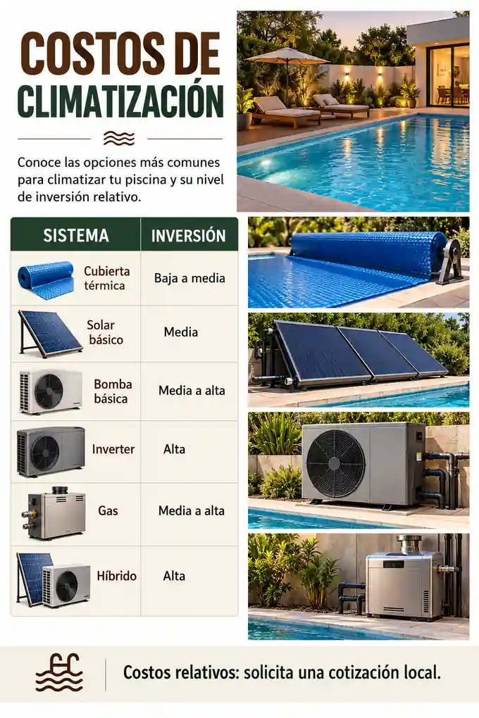 Comparación de inversión relativa en cubiertas térmicas, calentadores solares, bombas de calor, gas y sistemas híbridos