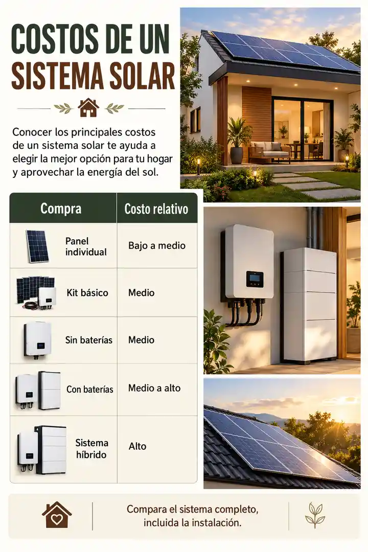 Costos relativos de paneles y sistemas solares básicos, sin baterías, con baterías e híbridos