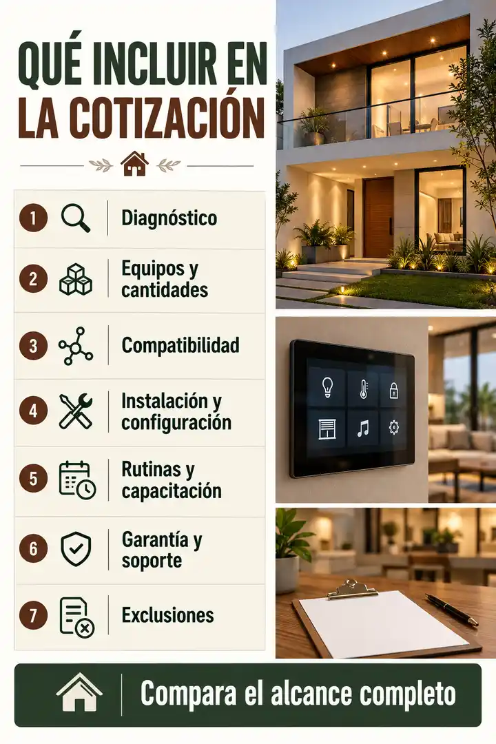 Elementos de una cotización de domótica: diagnóstico, equipos, compatibilidad, instalación, garantía y soporte