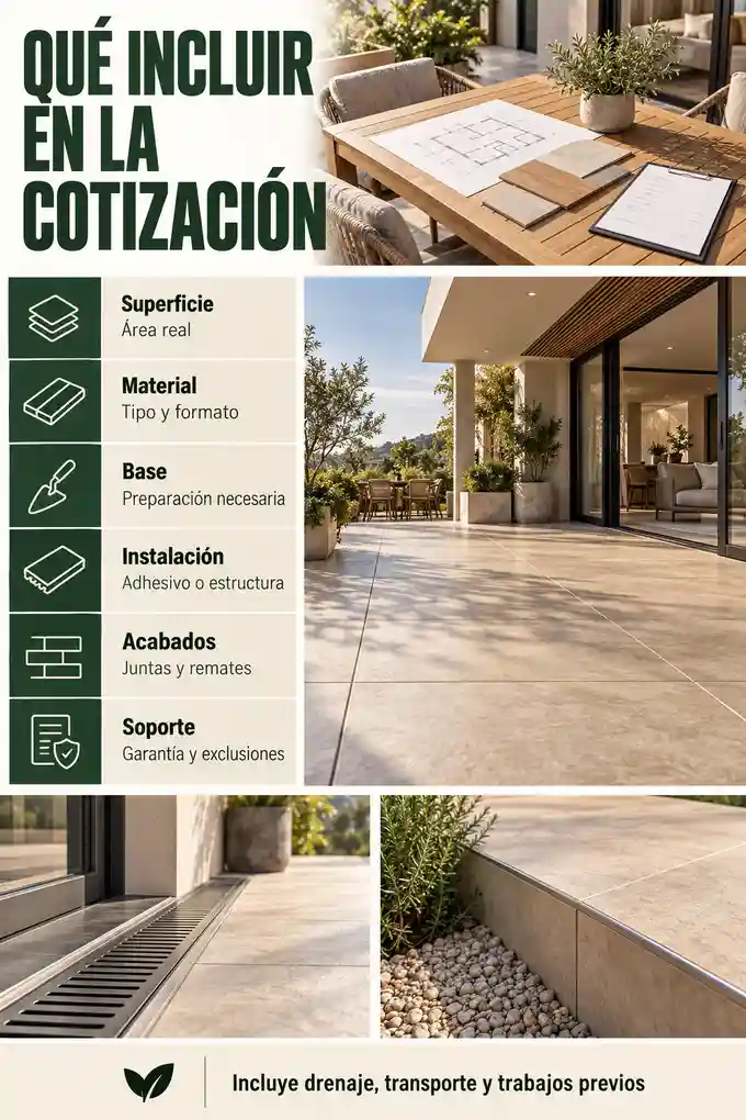 Partidas para cotizar piso exterior: material, base, instalación, remates, drenaje y garantía