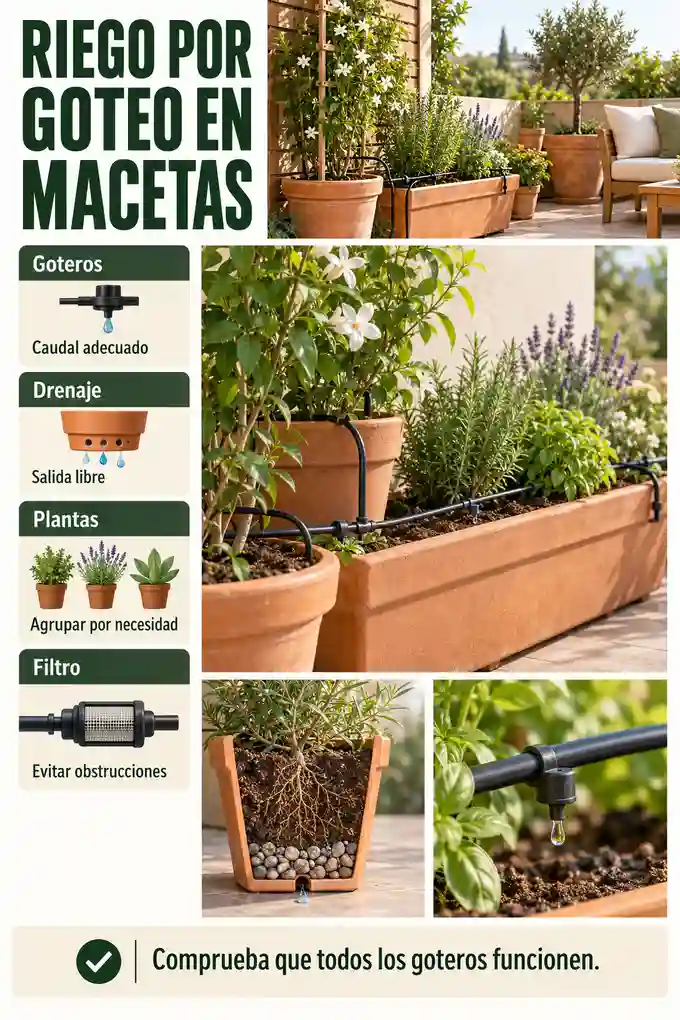 Goteros en macetas con drenaje, filtro y agrupación de plantas con necesidades similares
