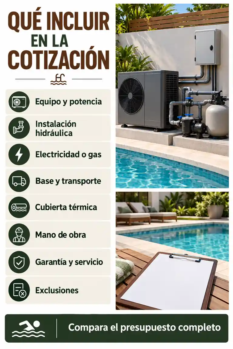 Elementos que debe incluir una cotización de climatización de piscina, desde el equipo hasta la garantía