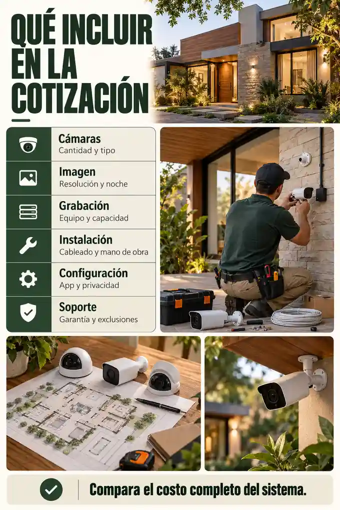 Lista visual de elementos para cotizar cámaras, almacenamiento, cableado, instalación y garantía