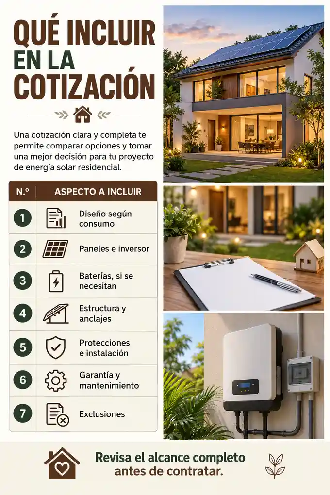 Elementos que debe incluir una cotización solar: diseño, equipos, estructura, instalación y garantías