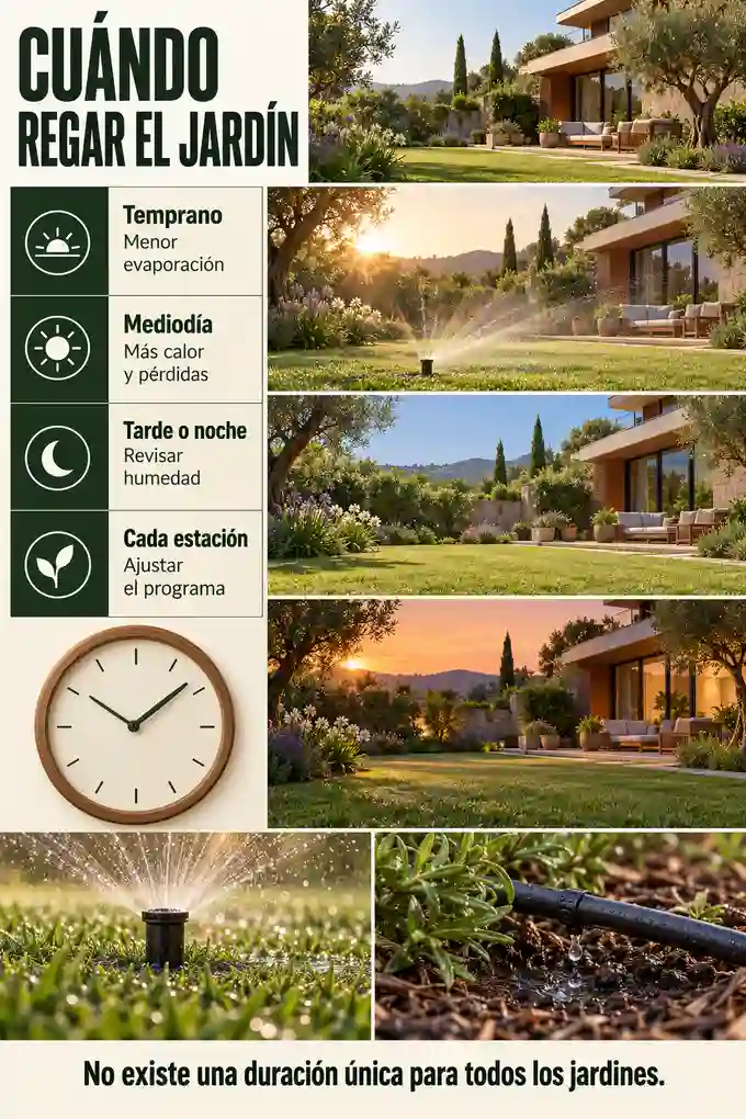 Horarios orientativos de riego y ajuste según clima, estación y humedad del suelo