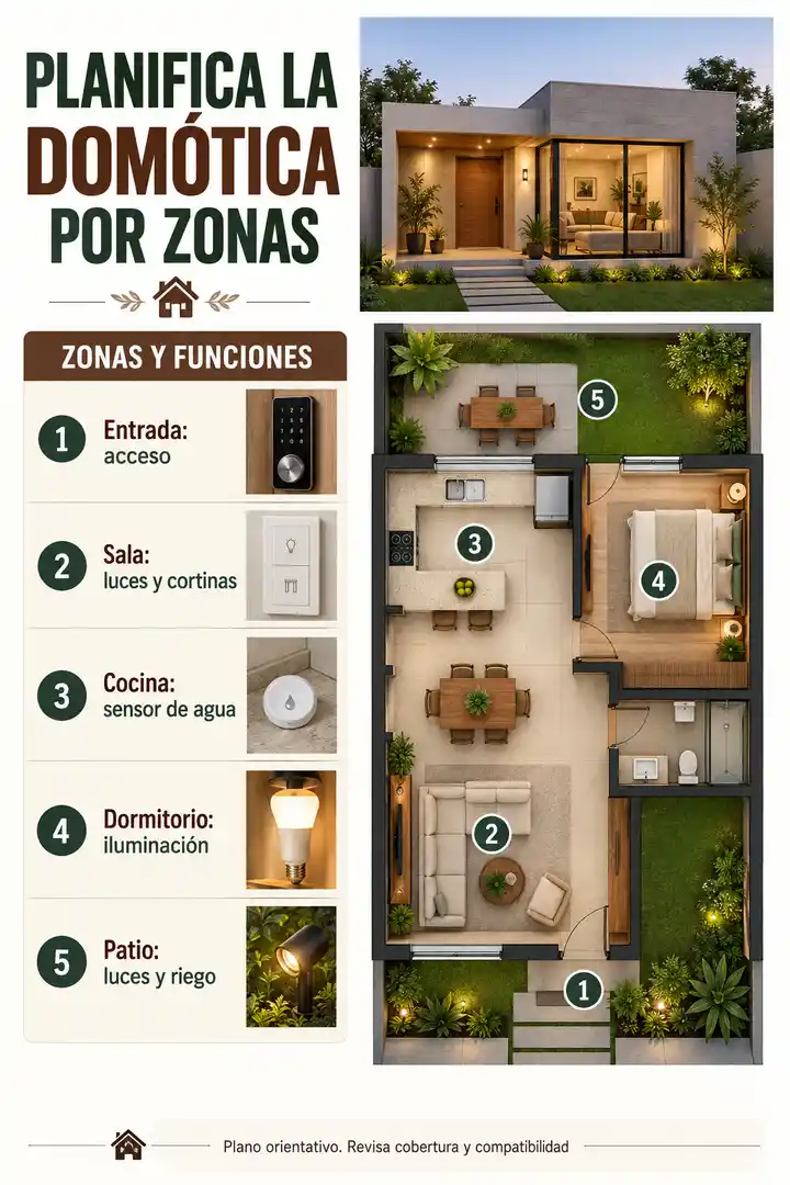 Plano de domótica por zonas con acceso inteligente, iluminación, cortinas, sensor de agua y riego