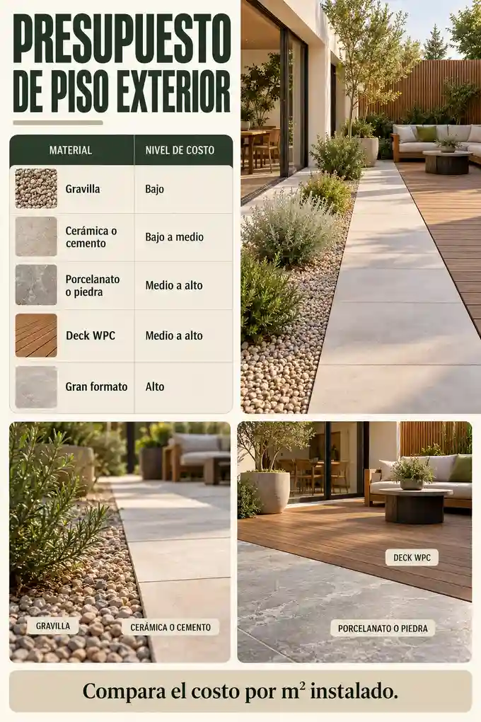 Costos relativos de gravilla, cerámica, cemento, porcelanato, piedra y deck para terrazas