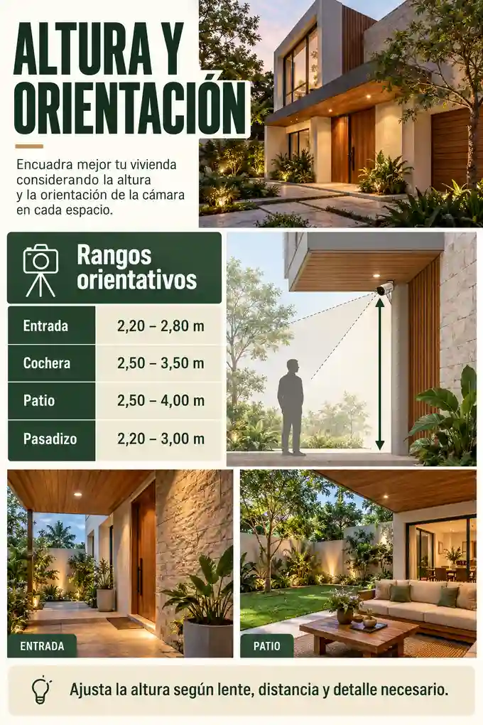Alturas orientativas de instalación de cámaras en entrada, cochera, patio y pasadizo