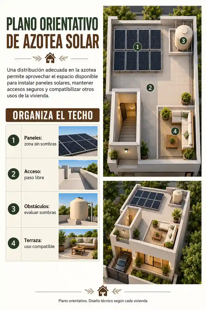Plano orientativo de azotea con paneles solares, acceso libre, obstáculos y terraza